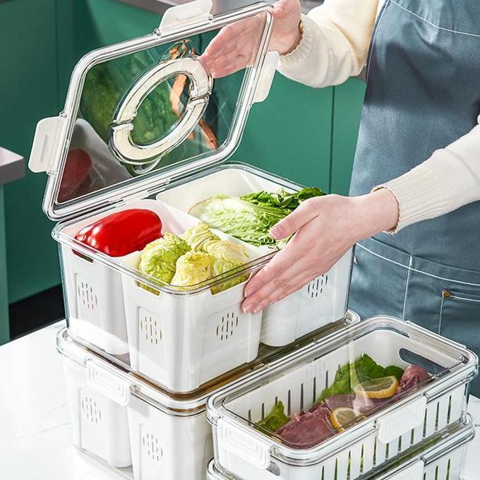 BELI LOKALDejavu Kotak Penyimpanan Kulkas dengan Rak Portabel Segel Ganda Tempat Penyimpanan Sayuran