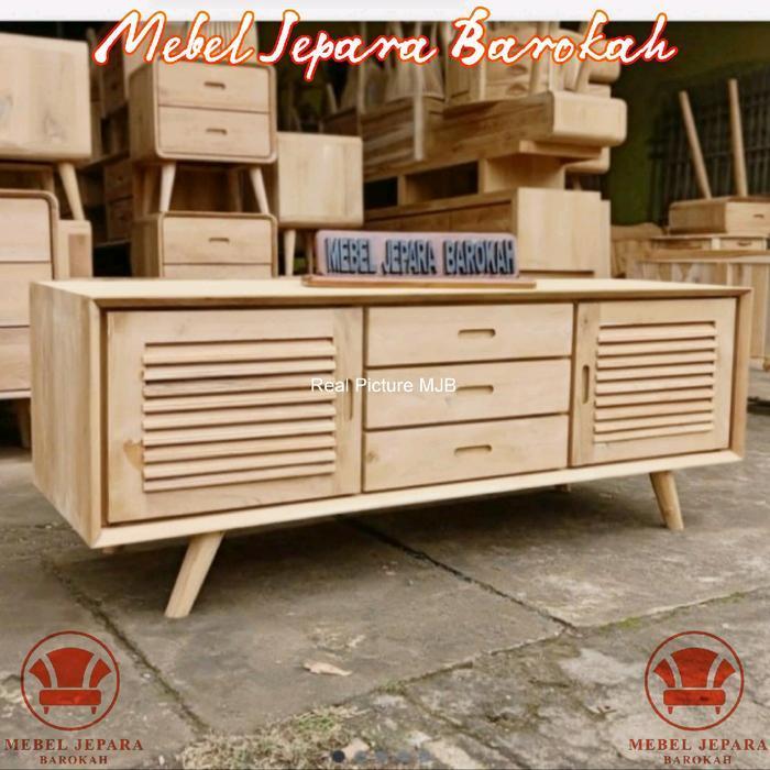 Bufet Meja Rak TV Retro Kayu Jati Mentah Minimalis Lemari Kabinet Retro 3 Laci Serbaguna