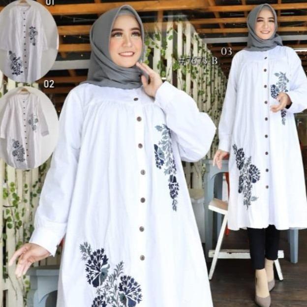 ORIGINAL Long Tunik Putih Jumbo Ld 130 Cm Model Bordir Kekinian - Nora Tunik