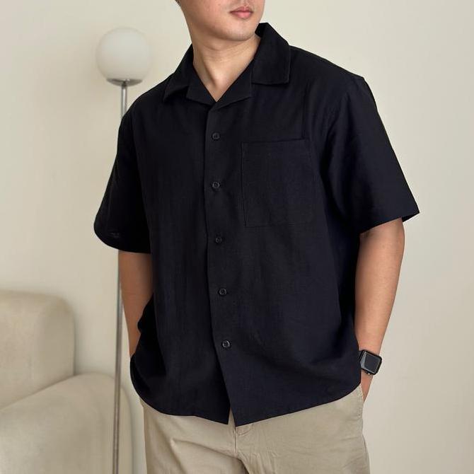 COZYCLUB CUBAN BOWLING Shirt Linen Premium | Kemeja Bowling Kerah Terbuka Lengan Pendek Baju Dark Gr