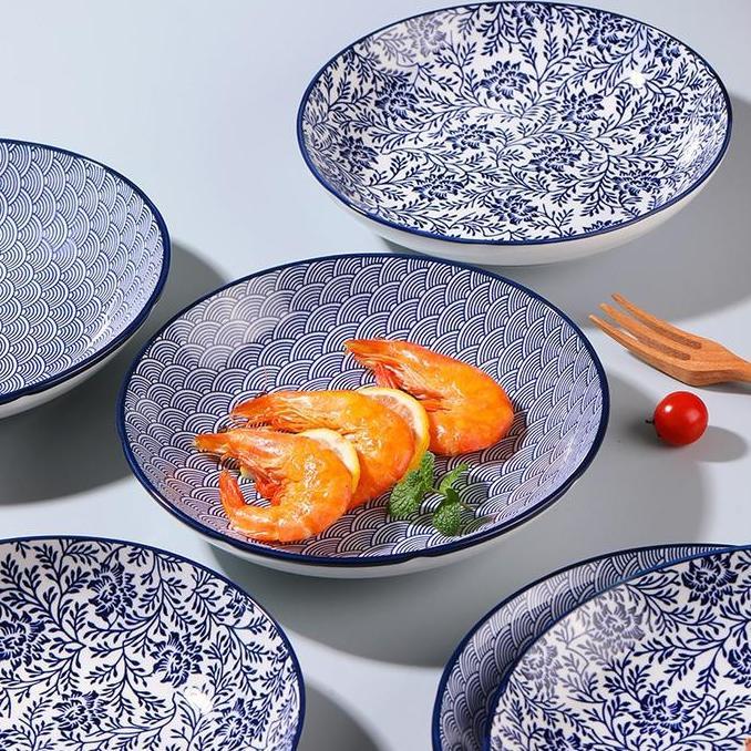 Why99- Piring Makan Keramik Bleu Motif  Jepang Biru  Premium Estetik Hoomey