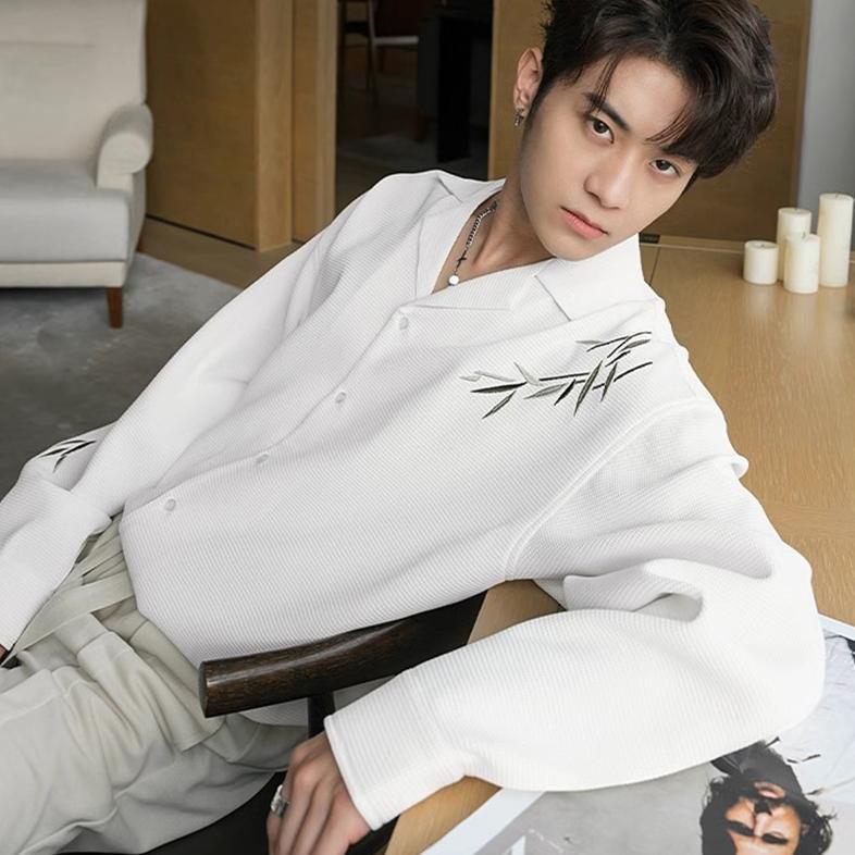 HOT DEALS kemeja korean style pria kemeja kasual pria baju kemeja cowok V Neck kemeja lengan panjang