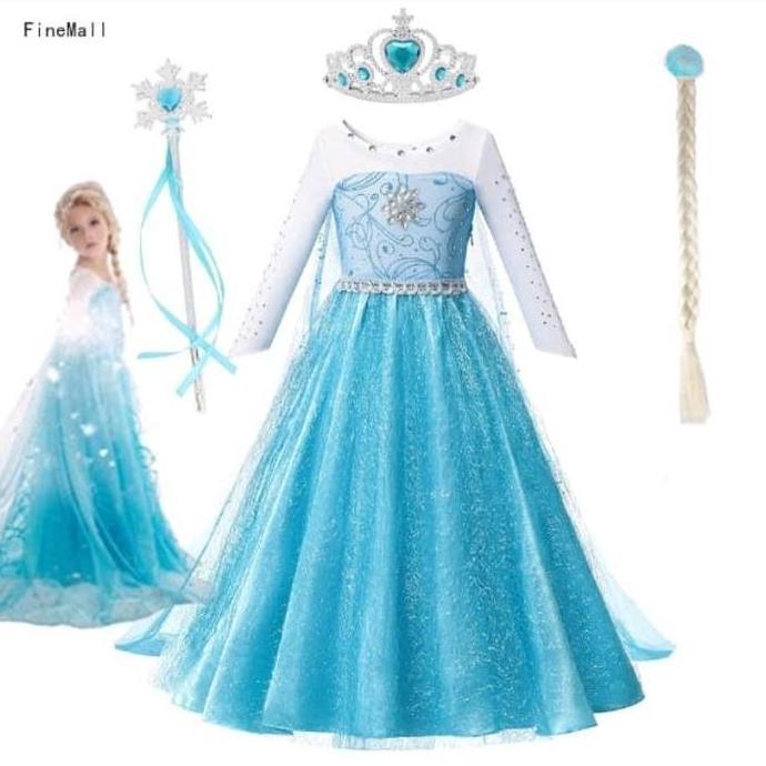 Paket Lengkap 1 Set Dres Frozen Elsa - Gaun Anak Frozen + Aksesoris - Baju Pesta Frozen - Baju Elsa