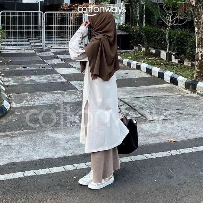 COTTONWAYS Tunic Oversized T-Shirt Kaos Tunik Katun Oversize Panjang Muslim Wanita untuk Ramadhan da