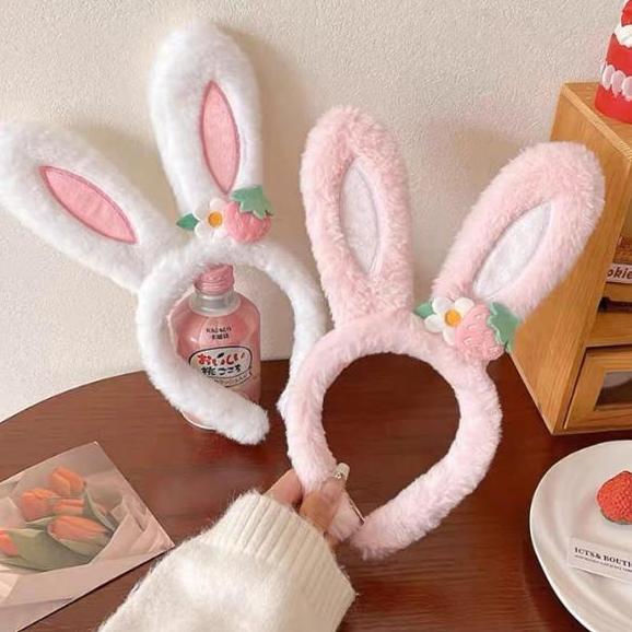 Bando Karakter Telinga Kelinci / Bando Stroberi Lucu Wanita Korea Headband Bulu Pita Rambut Aksesori