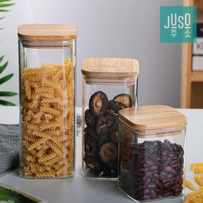 Toples Kaca Tutup Kayu Kontainer Makanan Bumbu Cemilan Bening Estetik