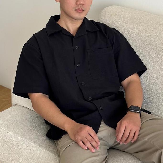 Cozyclub Cuban Bowling Shirt Linen Premium | Kemeja Bowling Kerah Terbuka Lengan Pendek Baju Dark Gr