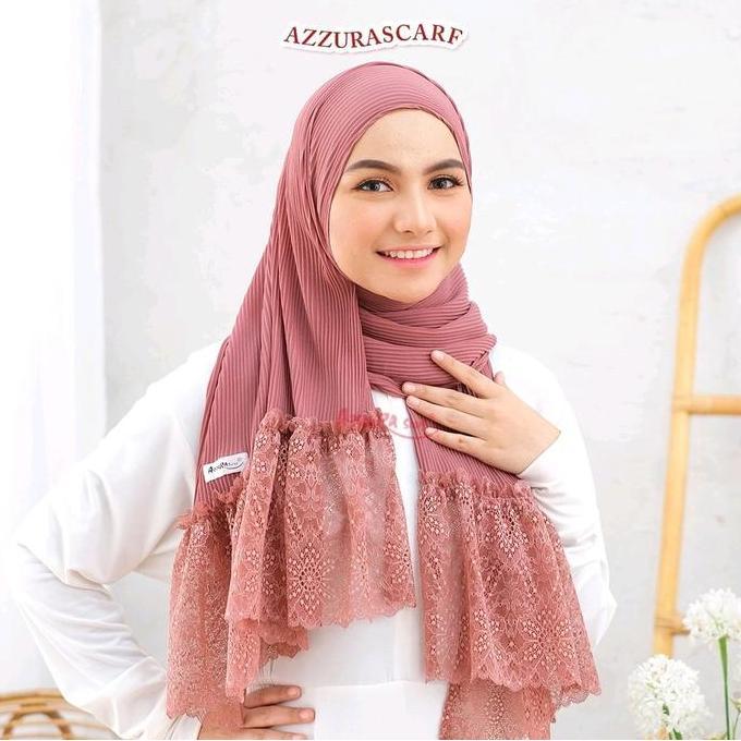 Promo Pashmina Plisket Renda - Azzura Scarf (Kerudung Lace Import Premium Wanita Muslim) Square Inst