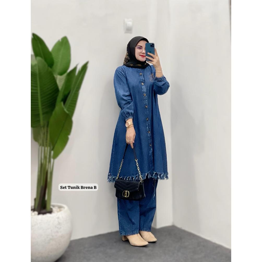 Viral  Setelan Long Tunik Jeans Jumbo Premium Bahan Jeans