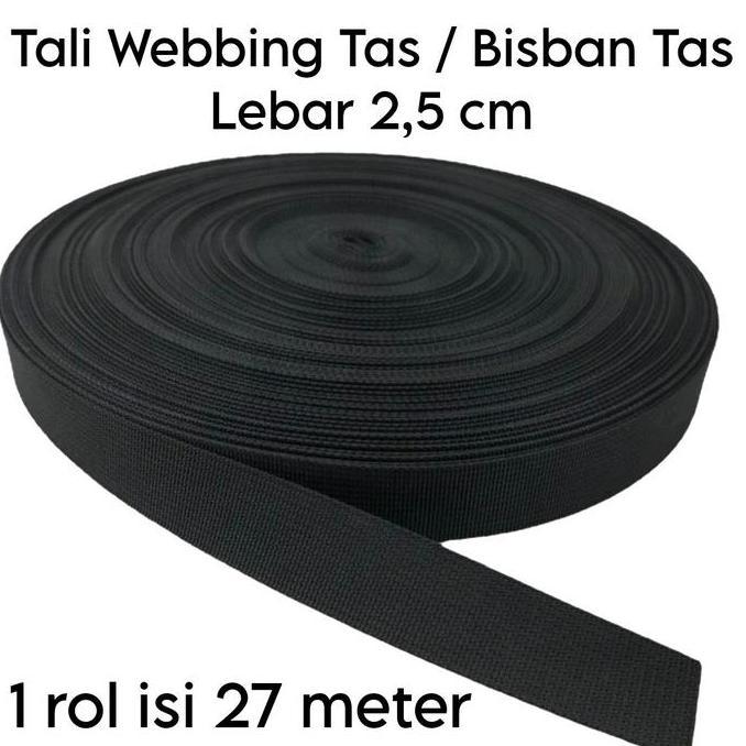 Kasora- Tali Webbing Tas Sekolah Lebar 2,5 Cm Per 1 Rol Tali Bisban Webbing Tali Tas Hitam