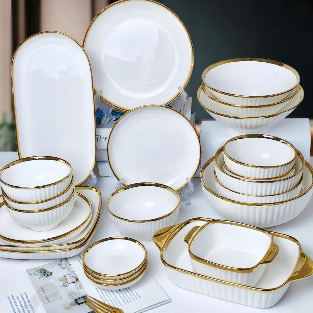 ASHOME Peralatan Makan Putih List Gold