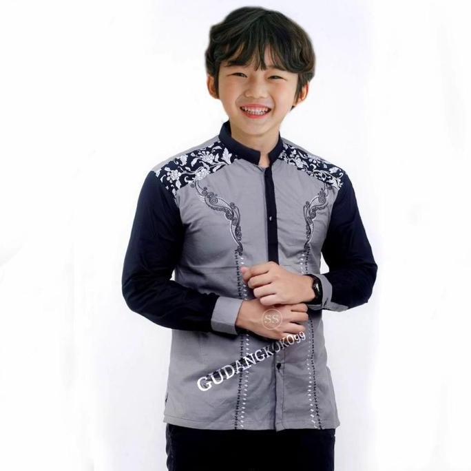 baju koko anak remaja terbaru koko keong anak Batik Kombinasi Muslim baju koko Katun Panjang Hitam K