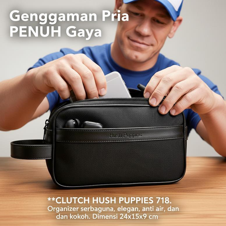 NEW DEALS Tas Pouch Pria Hush Puppies 718 Hitam | Clutch Bag Travel Pria Waterproof Premium