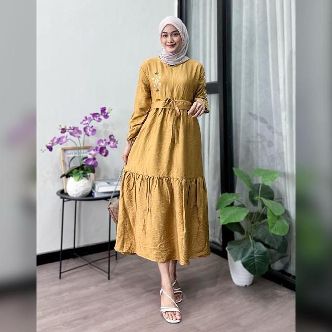 Arni Busana - Shakira Midi Dress Bahan Pololinen Motif Bordir Bunga Model simple Cantik Nyaman Dress