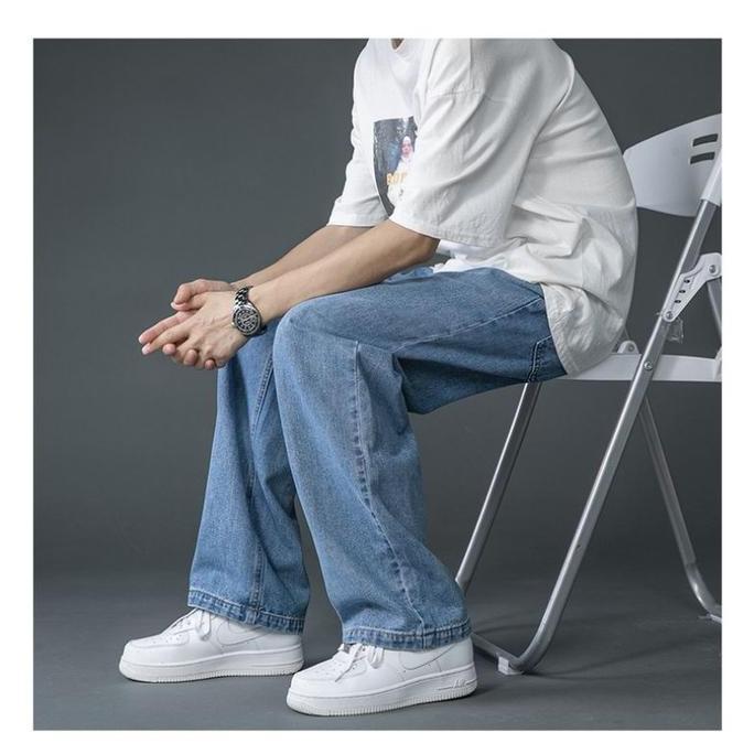 Celana Panjang Blue Jeans Loose Straight Fit Celana Korea Reguler Pria HC