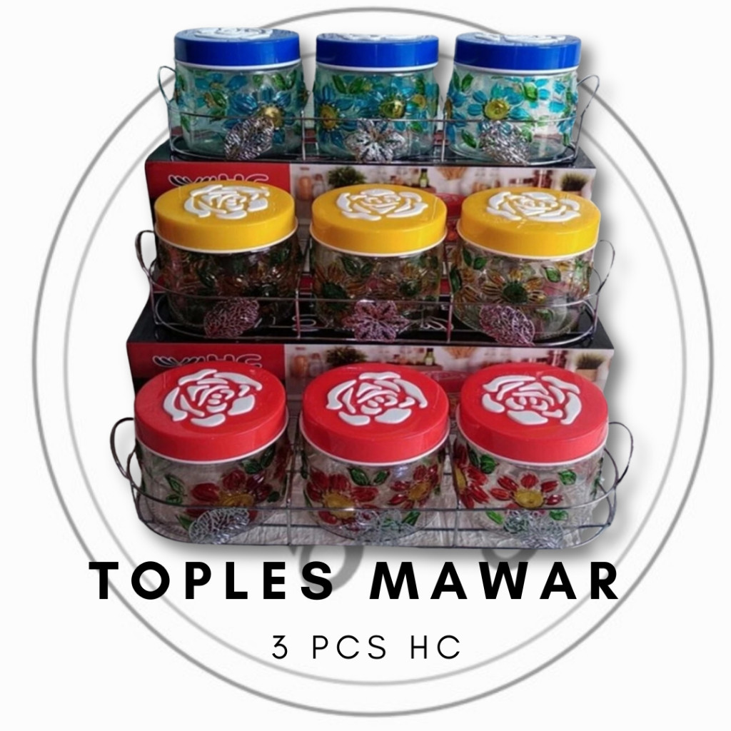 Hc Toples Set Kaca 3 Pcs Hc + Rak Besi Toples Lebaran Cantik Motif Mawar Rose Beling