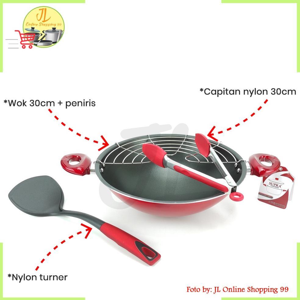 DISKON WOK SET SUPRA 30CM MERAH / WAJAN TEMPURA / WAJAN TEFLON ANTI LENGKET