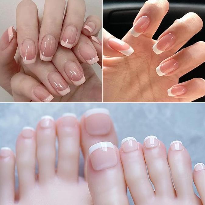 Bonekilays700 - 24pcs Set Kuku Palsu Tangan dan Kaki Model French Manicure + Lem Tahan Air Fake Nail