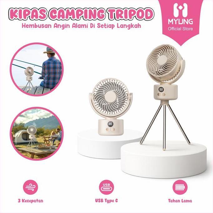 STOK TERBATAS - MYUNG Kipas Angin LED Portable Camping Tripod dengan 3 Kecepatan & USB Type C / Kipa