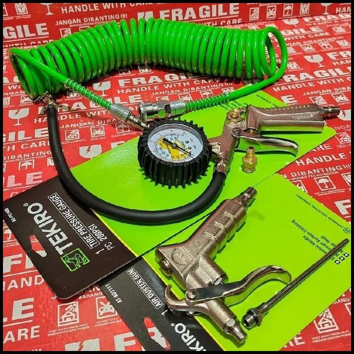 TERBARU PAKET HEMAT TEKIRO 3 PCS, SELANG KOMPRESOR 6 MTR + TIRE INFLATOR GAUGE 200 PSI ALAT ISI ANGI