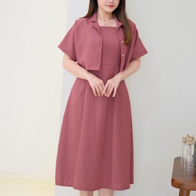 Hari Set 2in1 Midi Dress Blazer / Blazer Crop Kancing & Dress Midi Polos