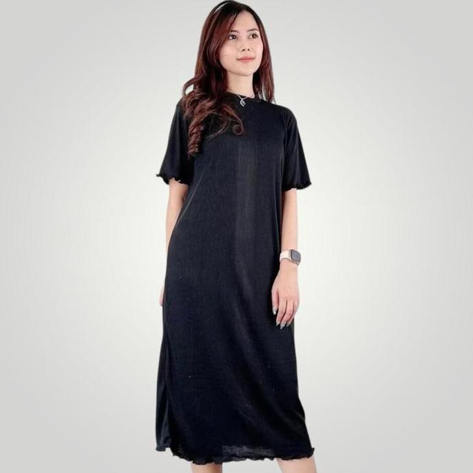 HSN  Mini Dress wanita casual RIb Knit Premiun Kriwil Polos dan Elegan Baju Daster Panjang Tebal Mid