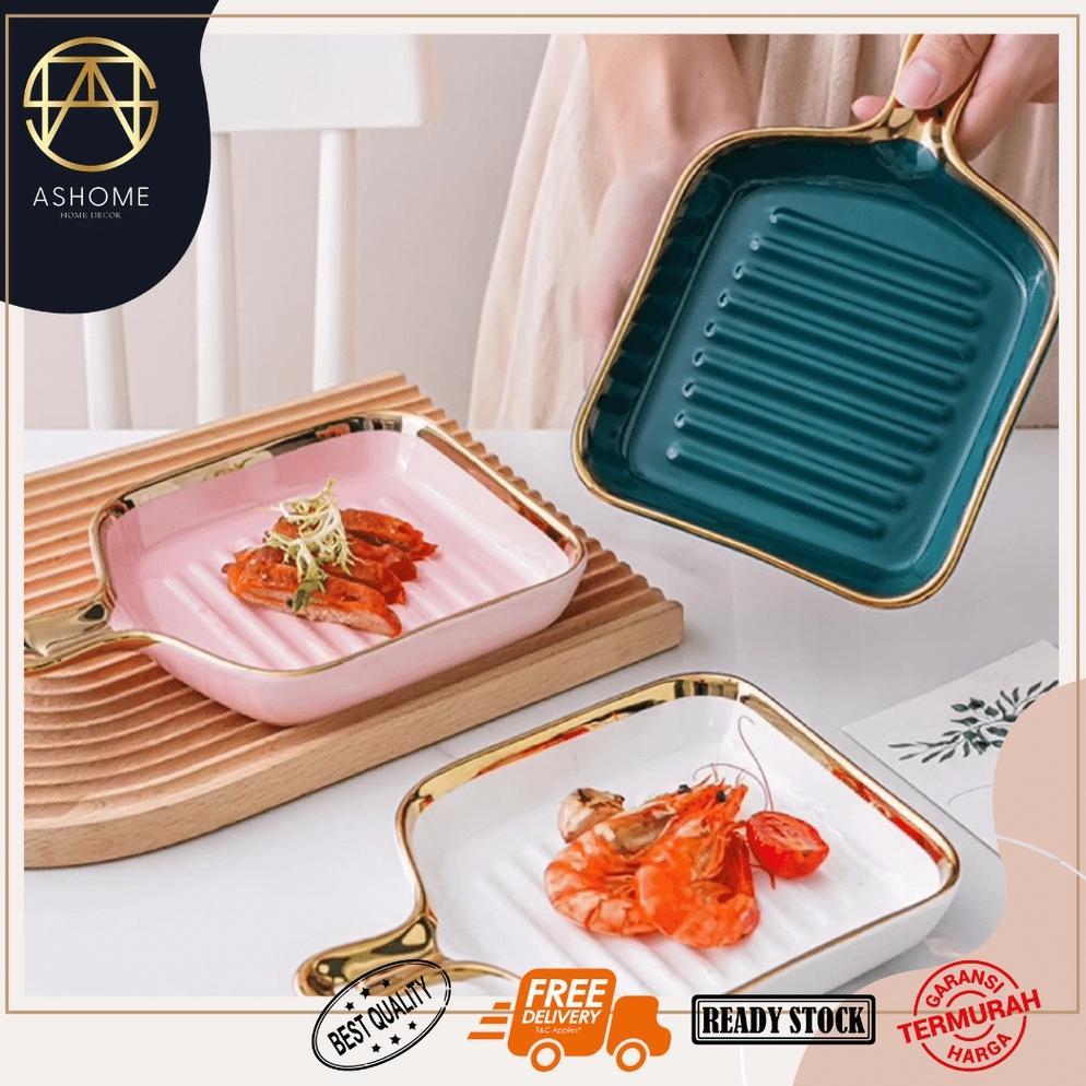 Piring Gagang Keramik Motif Garis Bentuk Kotak Dengan Gagang Warna Emas Elegan Mewah / Panci Gagang 