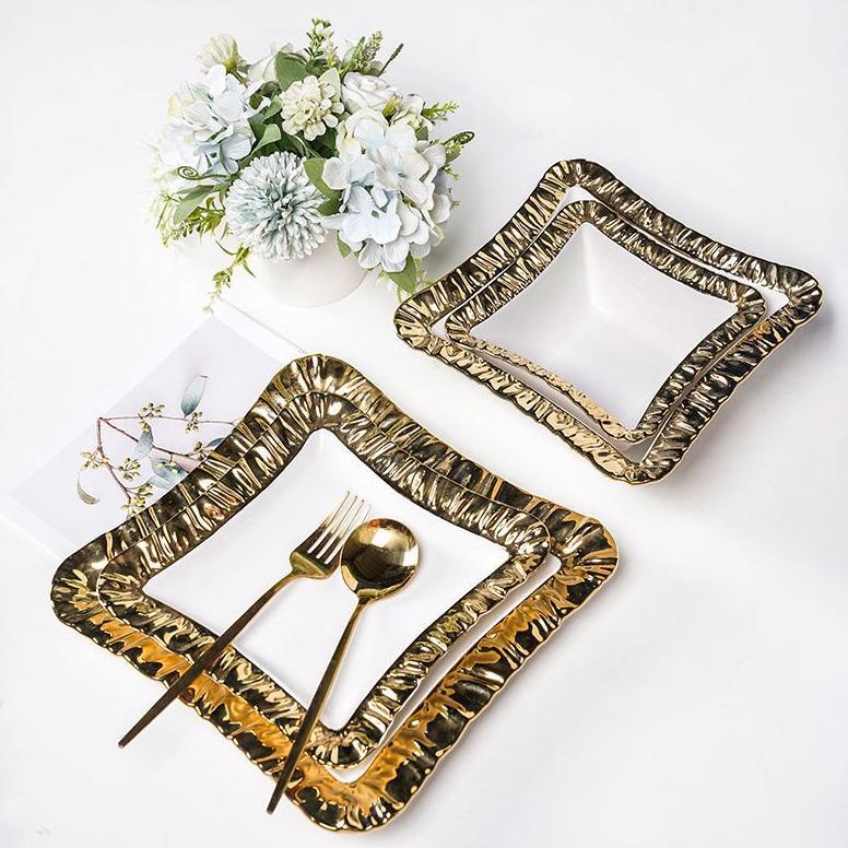 Elizabeth Collection Piring dan Mangkuk Keramik Putih Gold Motif Karat Emas Bentuk Kotak /Ceramic Wh