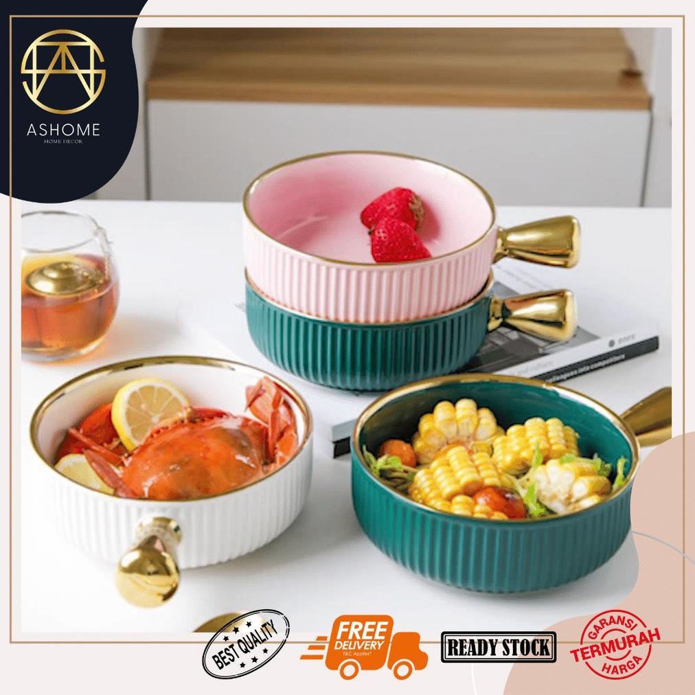 Mangkok Gagang Keramik Motif Garis Pumpkin Dengan Gagang Warna Emas / Panci Gagang Keramik / Piring 
