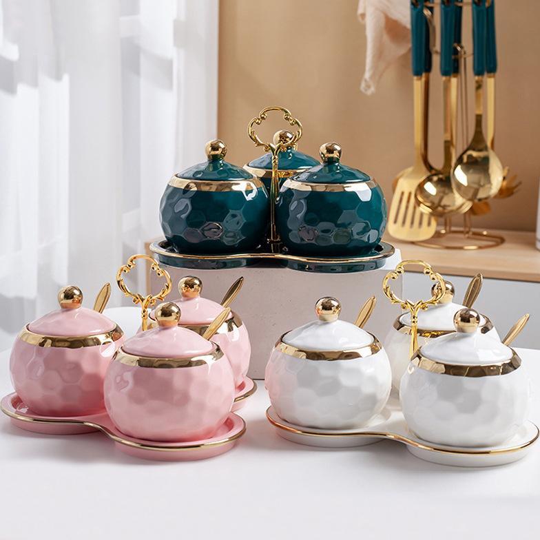 Tempat Bumbu Set Keramik Bulat List Gold Mewah / Set Seasoning Jar Elegan / Tempat Bumbu Dapur Keram