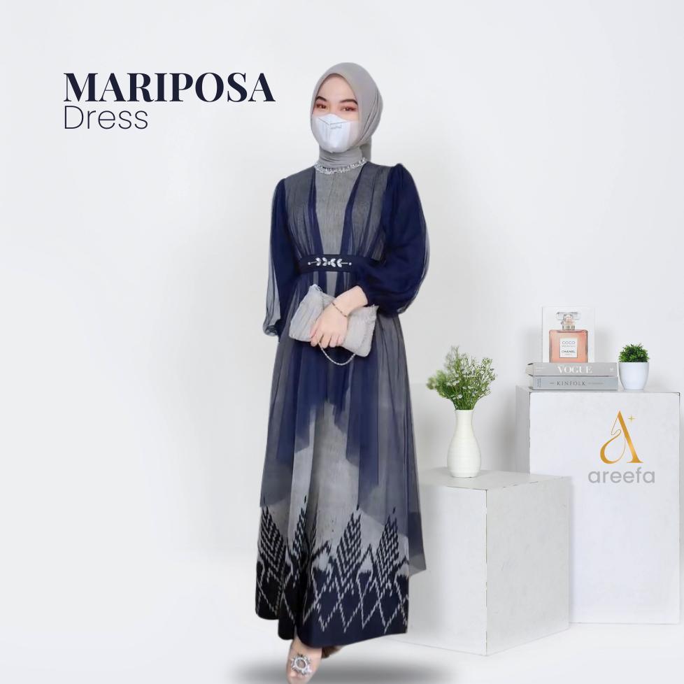 NEW Areefa - Gamis Dress Tenun Etnik Kombinasi Tile Premium Wanita Remaja Pesta Mewah Elegan Abu Nav