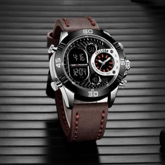 Jam Tangan Pria Belleda 9271 Tali Kulit Dual Time Sport Fashion Anti Air 30 Meter Watches