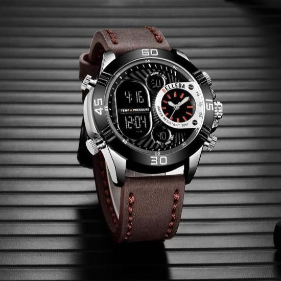 Jam Tangan Pria Belleda 9271 Tali Kulit Dual Time Sport Fashion Anti Air 30 Meter Watches