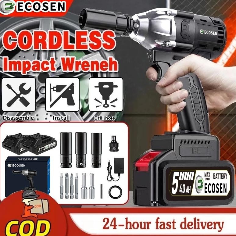 ECOSEN Impact wrench Cordless Brushless bor impact baterai mesin impact Cordless Electric Wrench Rec