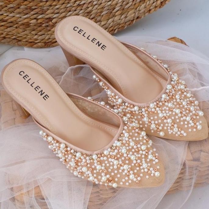 Cellene Jasmine Beads Heels / Sepatu Payet Wedding Shoes Mocca 5Cm 7Cm Wanita