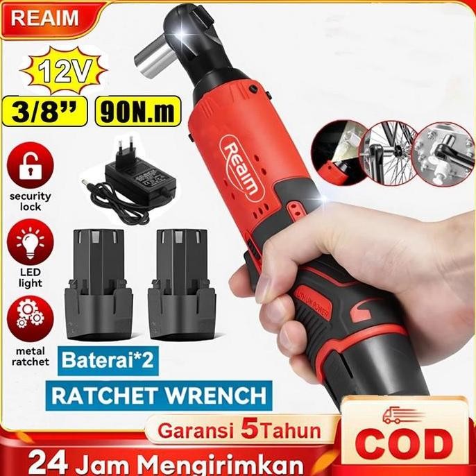 SINISTER- REAIM Kunci Rachet Listrik 12V 3/8" Cordless Electric Ratchet Wrench Set Torsi Kuat, Ringa