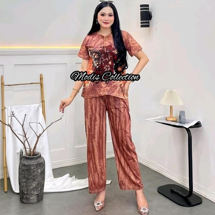 Promo Setelan Wanita Kaos Lengan Pendek Celana Kulot Panjang Semata Kaki Atasan Kerah Leher Bulat Da