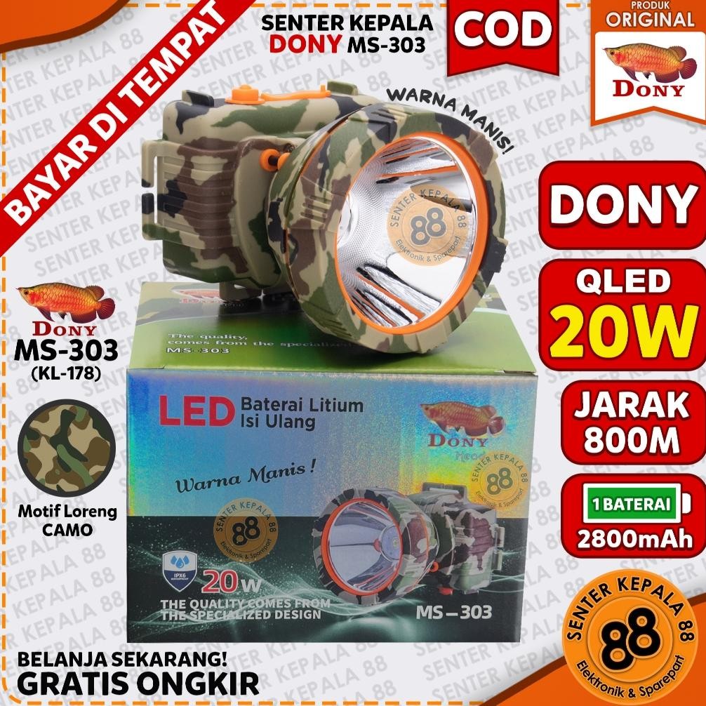DONY Senter Kepala Dony MS 303 / MS 178 / KL 178 Cas LED Terang Jarak Jauh Gunung 20WATT 20W LORENG 