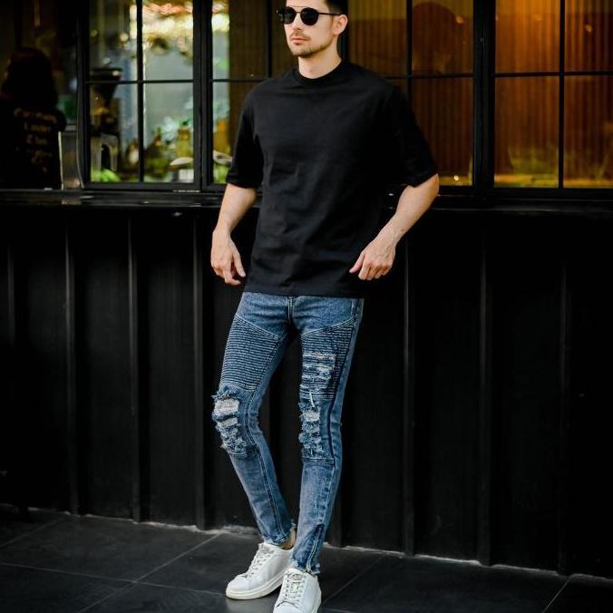 LOD.DENIM - Celana Panjang Jeans Biker Ripped Denim BLUE DIAMOND