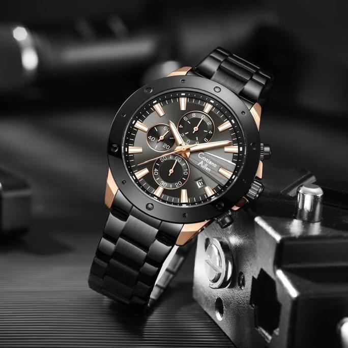 Buy 1 Get 1  Cristiano Aillen Jam Tangan Pria Analog 8897 Rantai Stainless Steel Chronograph Kaca Sa
