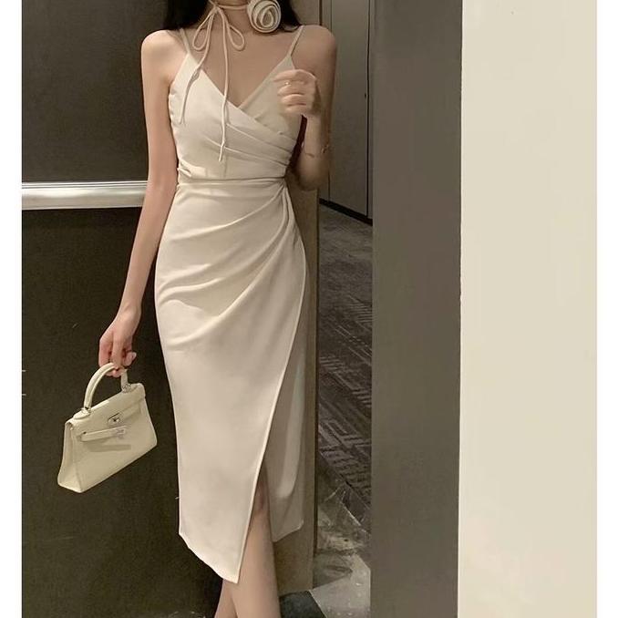 Promo 7843 dress putih Pas Body tanpa lengan midi dress terbaru 2024 big size pantai prom korean dre
