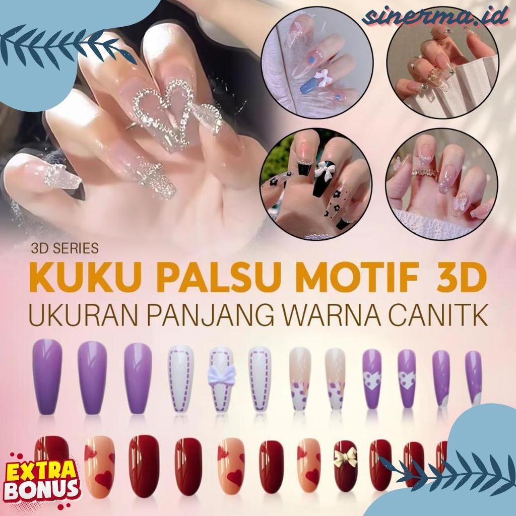 Cod Kuku Palsu 3D Nail Art Timbul Lucu Fake Nails Panjang Estetik Esthetic Elegan Elegant Motif Imut