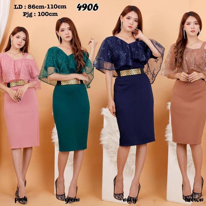 Promo # 4906 , DRES ROK SPAN BAHAN SCUBA KOMBINASI TILE BORDIR MUTIARA FREE BELT Dress  Wanita  Pest