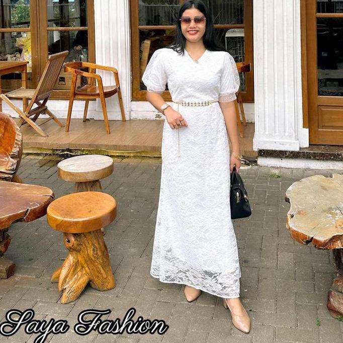 Promo LongDress Brukat Polos Putih Free Belt Dress Panjang Pesta Mewah Elegan COD