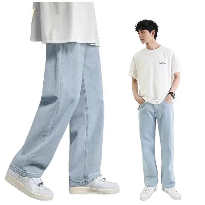 LW Celana panjang jeans pria Celana jeans cowok Celana panjang jeans standar Celana jeans kulot Biru