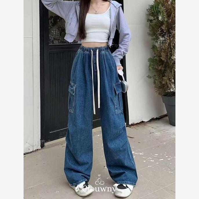 Clouwny Joy Cargo Denim Pants Jeans Wanita Korean Look Celana Panjang Cewek Hitam