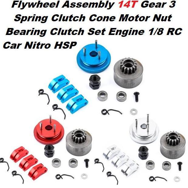 FLYWHEEL SET RC NITRO ENGINE 14T GEAR 3 SPRING CLUTCH CONE MOTOR NUT BEARING CLUTCH 1/8 RC CAR NITRO