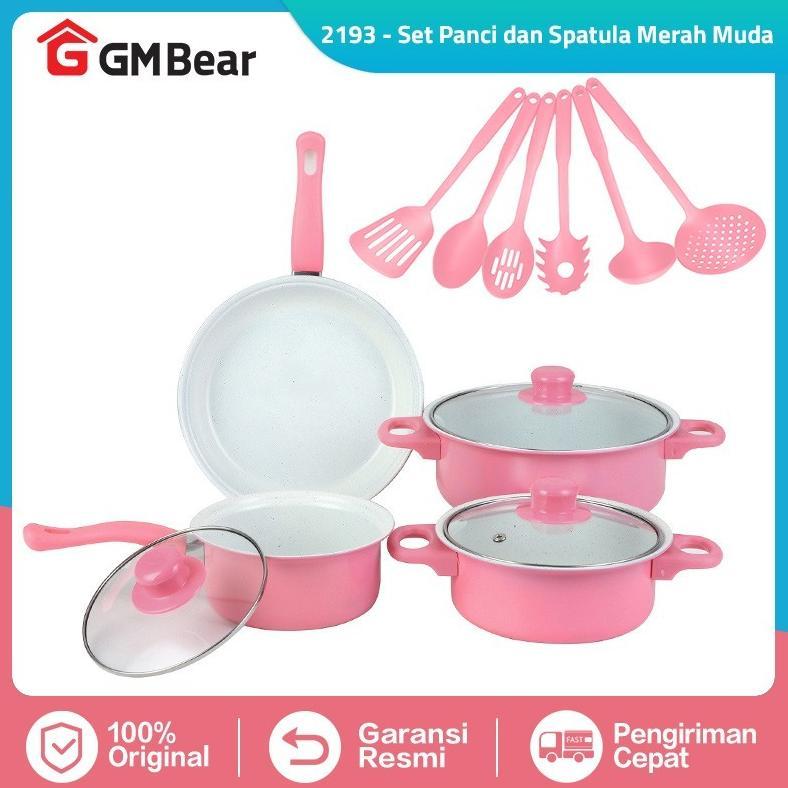 GM Bear Set Panci dan Spatula Merah Muda 2193 - Wajan Penggorengan Spatula Set Frypan Saucepan