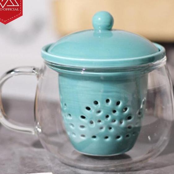 Gelas Teh Saringan Keramik 350Ml Tea Glass Mug Cangkir Tutup Keramik