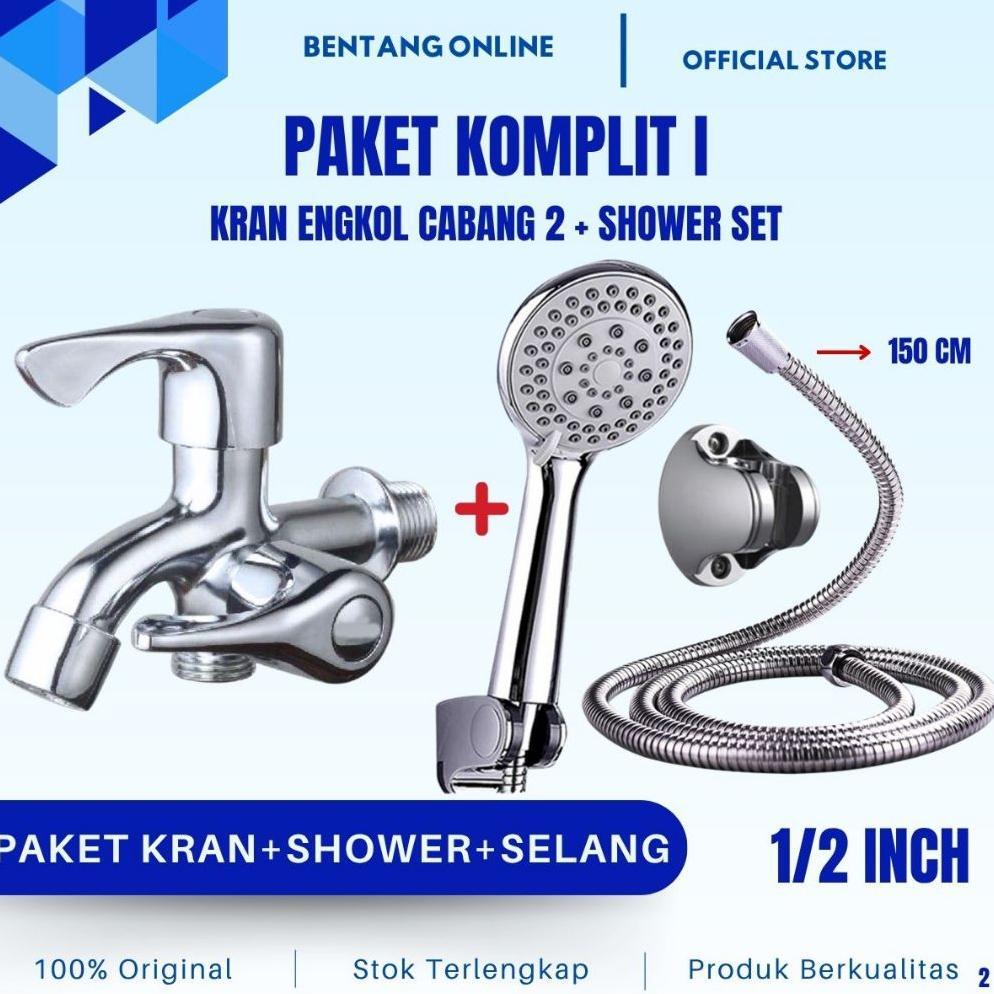 Shower Set Kran Kamar Mandi Paket Komplit I Stainless Keran Air Engkol Cabang 2 Selang Stenlis Showe
